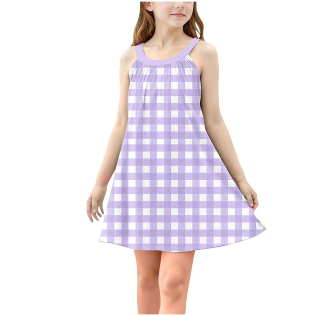 Bwiyojiz Tailles Mode 110-160 Robe Sans Manches à Col Rond Tout-Petits Enfants Mignonne Camisole à Imprimé à Carreaux Ligne a Bretelles Infroissable, 7 Ans, Cadeaux pour la Famille, Violet