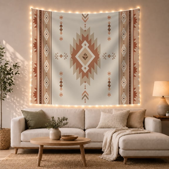 Southwestern Diamond Geometric Pattern on Cream Background, Cozy Boho for Wall Decor Lovers, Rustic Southwestern Art Housewarming Gift, Tapestry Wall Hanging for Living Room and Bedroom