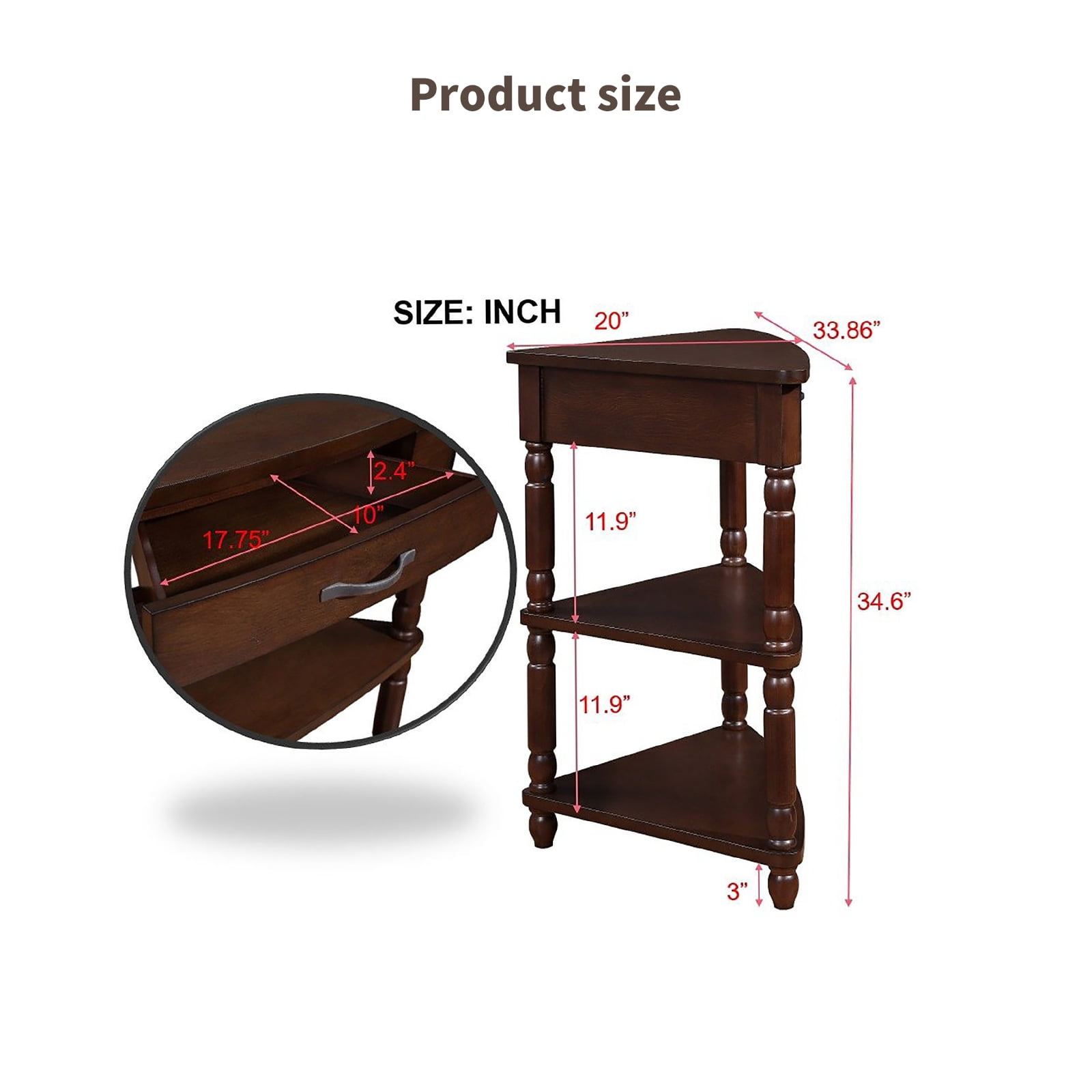 3-Tier Corner Shelf Unit for Small Spaces - Triangular Storage Rack with Solid Wood Legs, Multi-Functional Apartment & Living Room Furniture, Easy Assembly (Light Espresso )