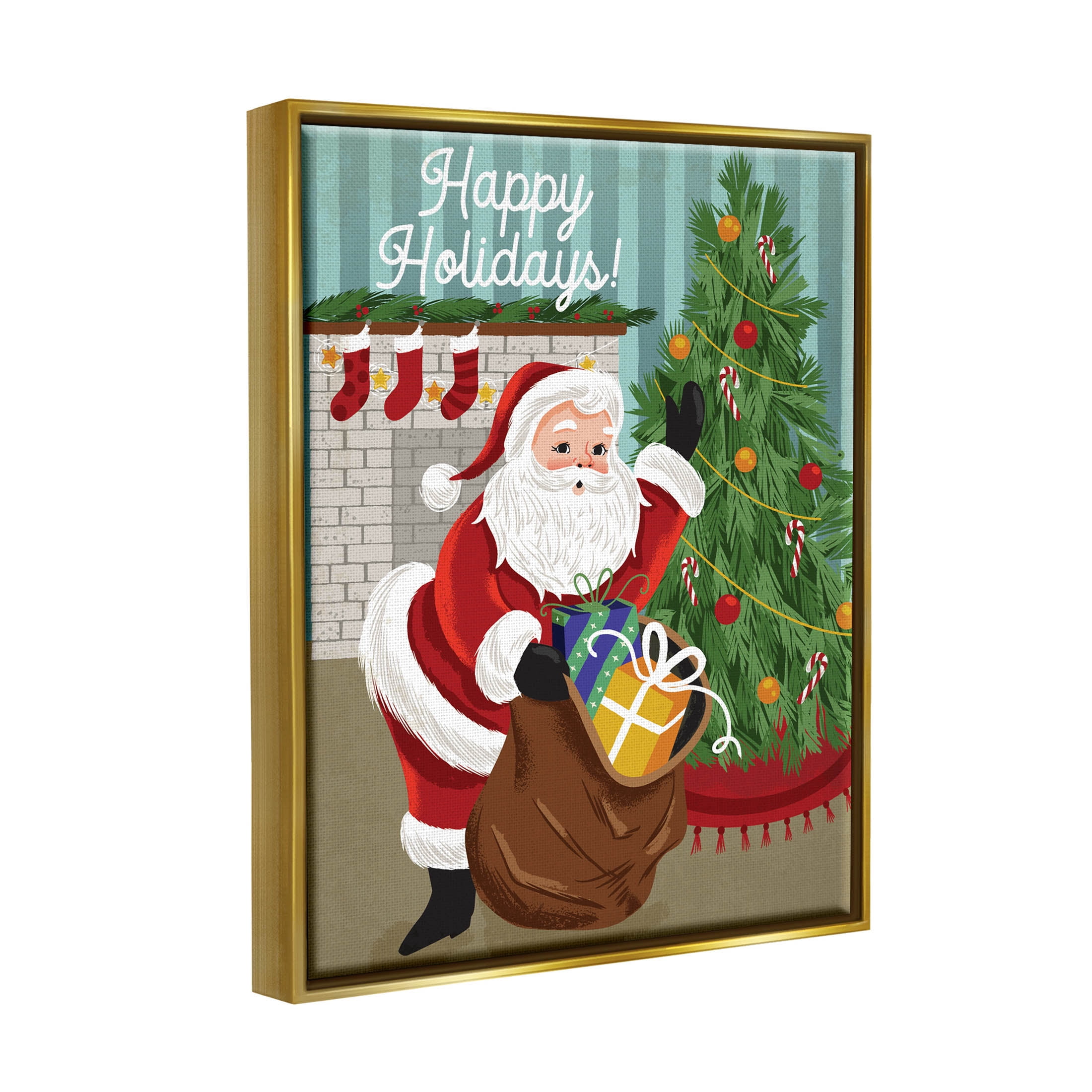 Happy Holidays Santa Gift Bag Holiday Graphic Art Metallic Gold Framed Art Print Wall Art