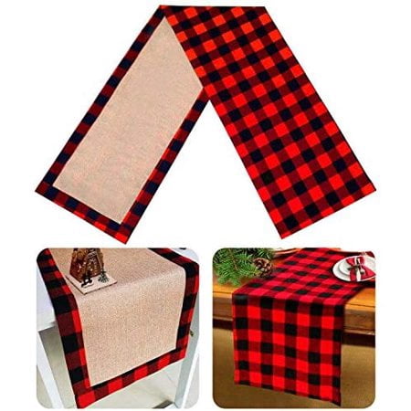 

Christmas Table Runner Burlap & Cotton Black White Plaid Reversible Buffalo Check Table Runner for Christmas Holiday Birthday Party Table Home Decoration (Red and Black 14 x 72 Inch)