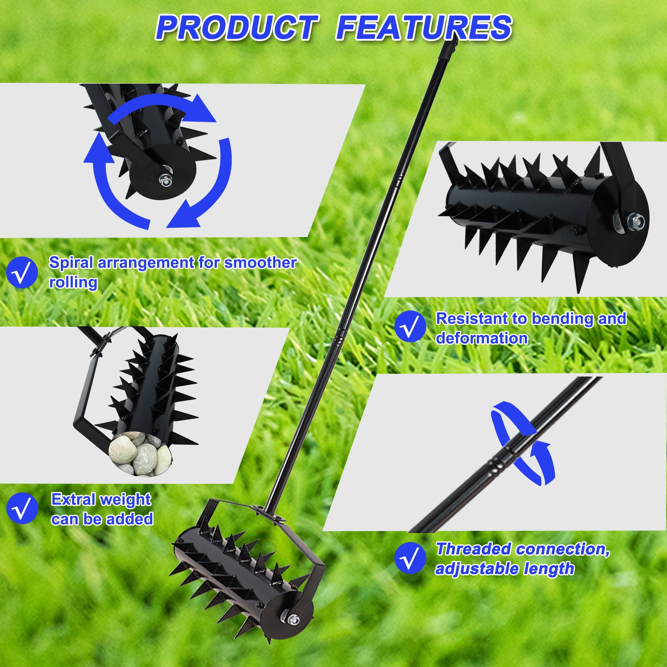 GDF Studio Heavy Duty Lawn Aerator Tool with Soil Penetrator Spikes, Manual Yard Aerator, Black