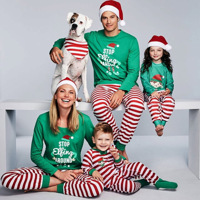 Pyjamas de Noël Assortis pour la Famille Ensemble de Pyjama d'Automne et d'Hiver Décontracté Ample à Manches Longues avec Col Rond et Ourlet Imprimé de Noël Rayé Ensemble de Pyjama de Noël Papa Taille:TG