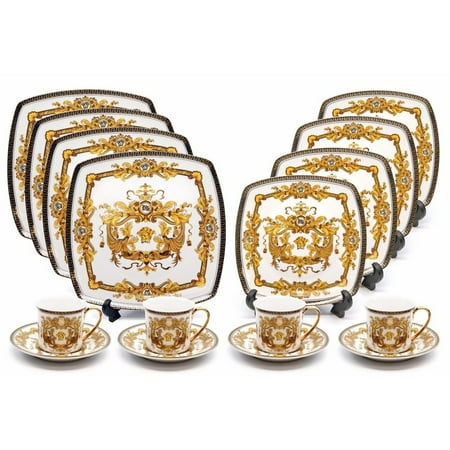 - Royalty Porcelain 16-pc Luxury White, Greek Key Dinner Set, 24K Gold Medusa