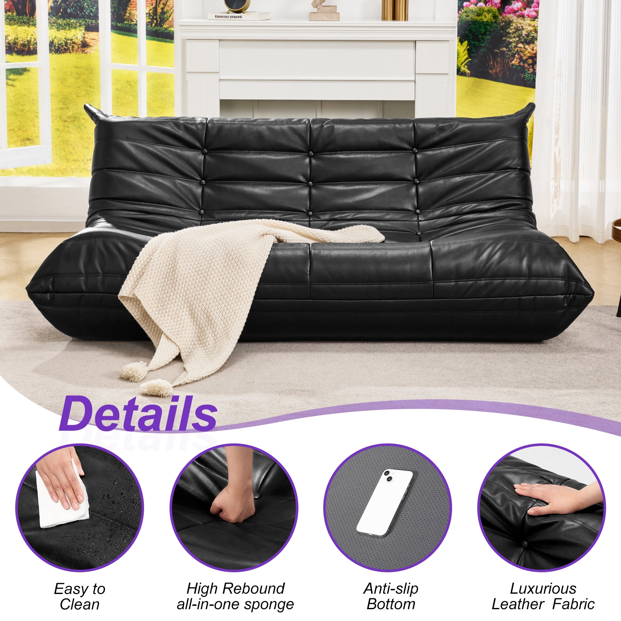 Hobestluk Bean Bag Chair Giant Bean Bag Sofa 3 Seater Bean Bag Chairs for Adults, Loveseat Floor Chair, Leather Bean Bag Chairs for Living Room Bedroom Office (Black, 3-Seater)