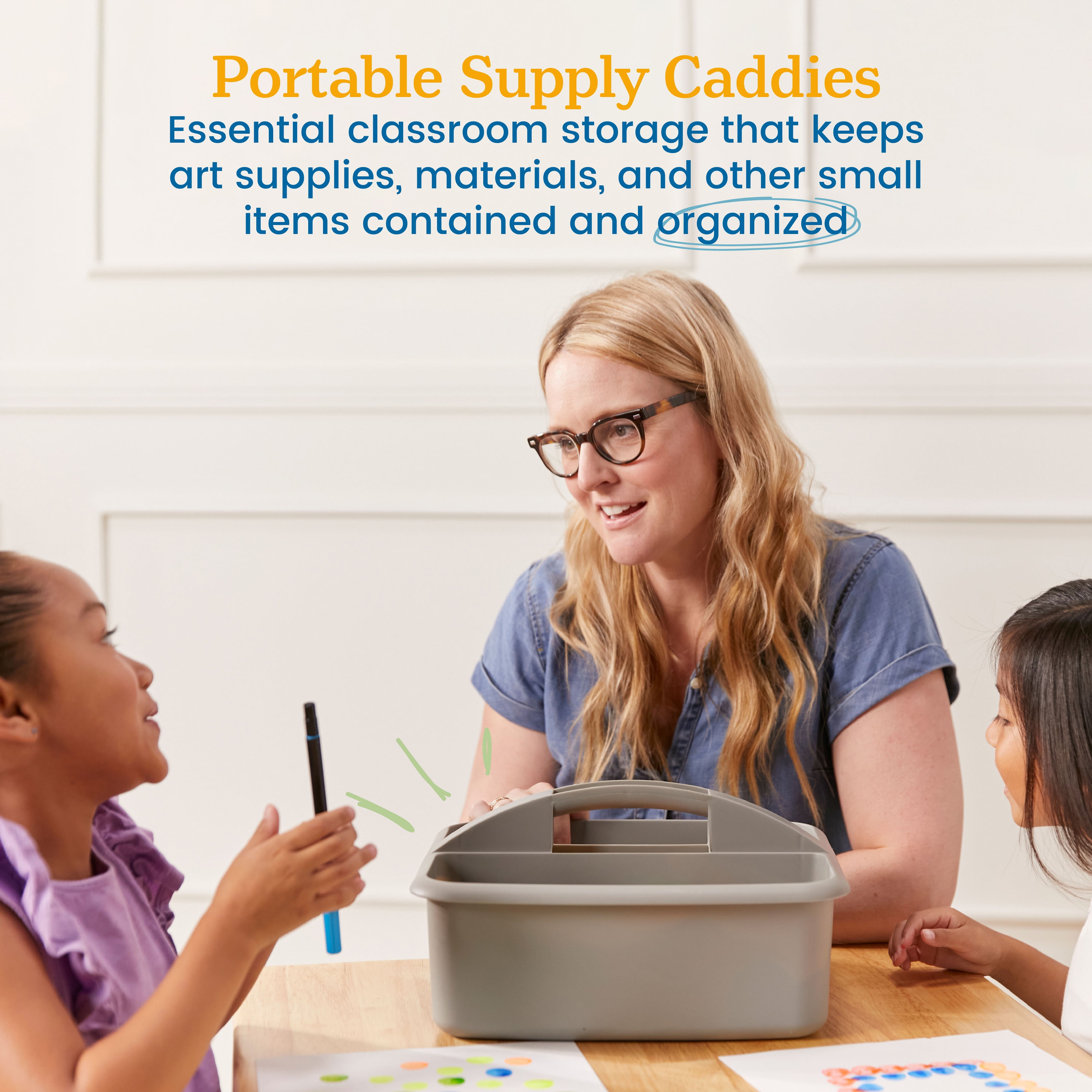 ECR4Kids 2-Compartment Large Plastic Caddy, Multipurpose Organization, Grey, 6-Pack