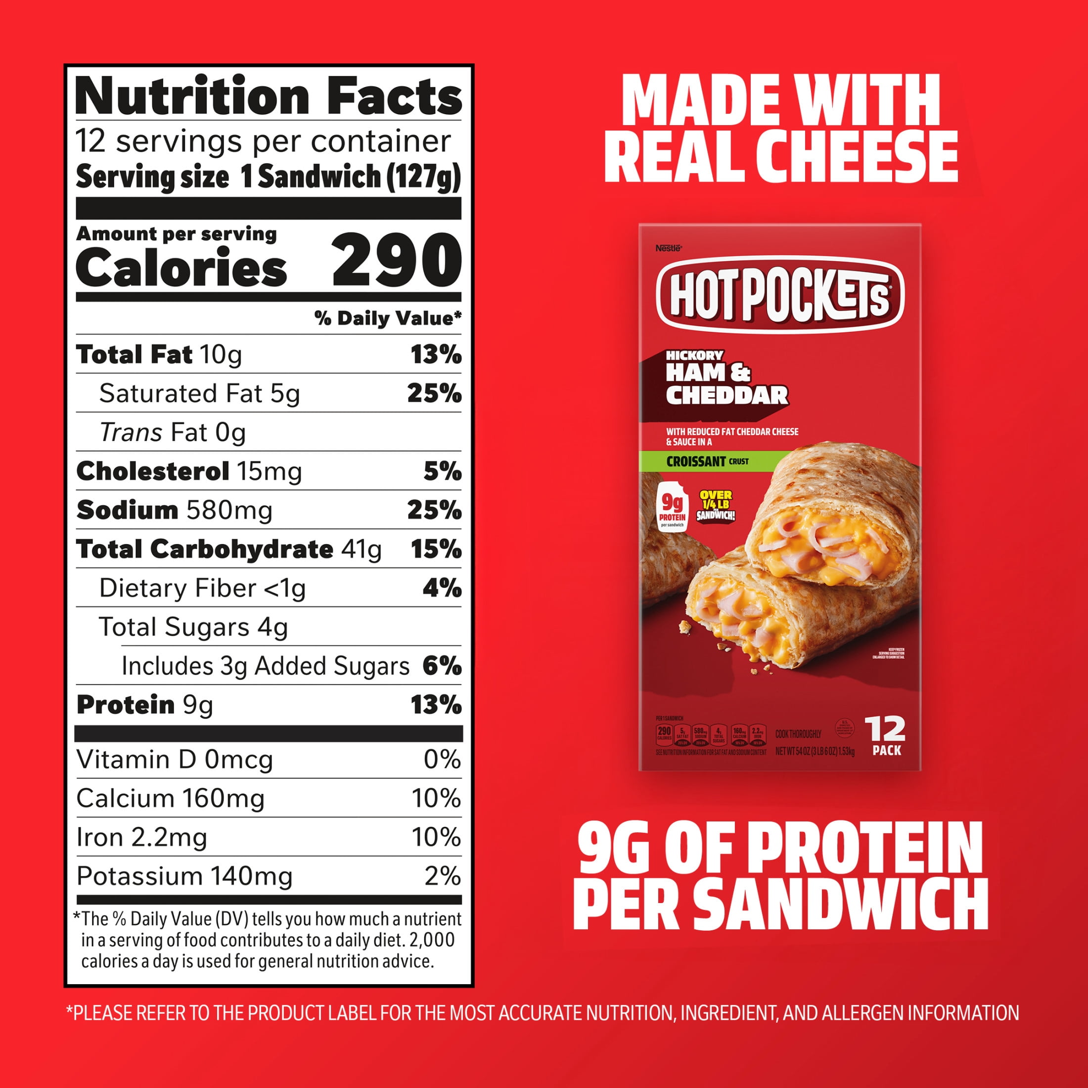 Hot Pockets Frozen Snacks Ham and Cheese Croissant Crust Sandwiches, 54 oz, 12 Count Box(Frozen)