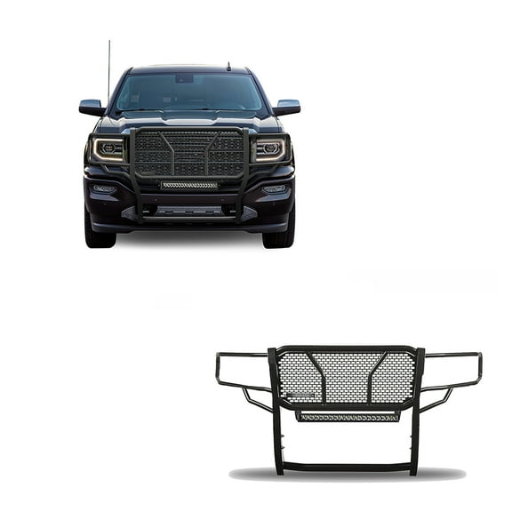 Black Horse RUGGED Heavy Duty Grille Brush Bumper Guard Modular Black Come With Single Row LED Light Compatible with 2014-2018 GMC Sierra 1500|2019-2022 GMC Sierra 1500 Limited-RU-GMSI14-B-K2