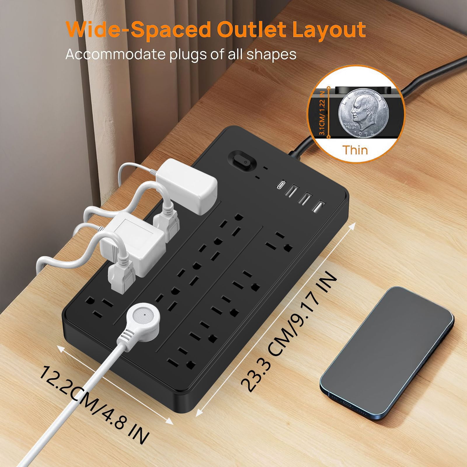 Surge Protector Power Strip with 5FT Extension Cord, 15 Outlets and 4 USB Ports, Muti-Outlets Ports Desktop Charging Station for Home, Office, 2100 Joules
