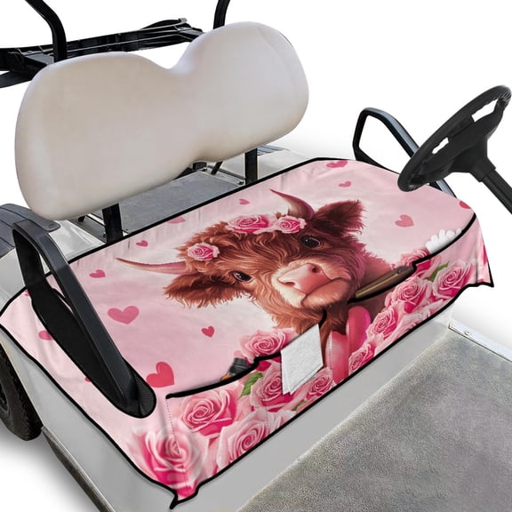 Whosucclay Highland Calf Pink Roses Golf Cart Seat Cover, Easy to Install Durable Breathable Golf Cart Seat Towel Cover for Club Car EZGO Yamaha, 52.36" x 32.28"