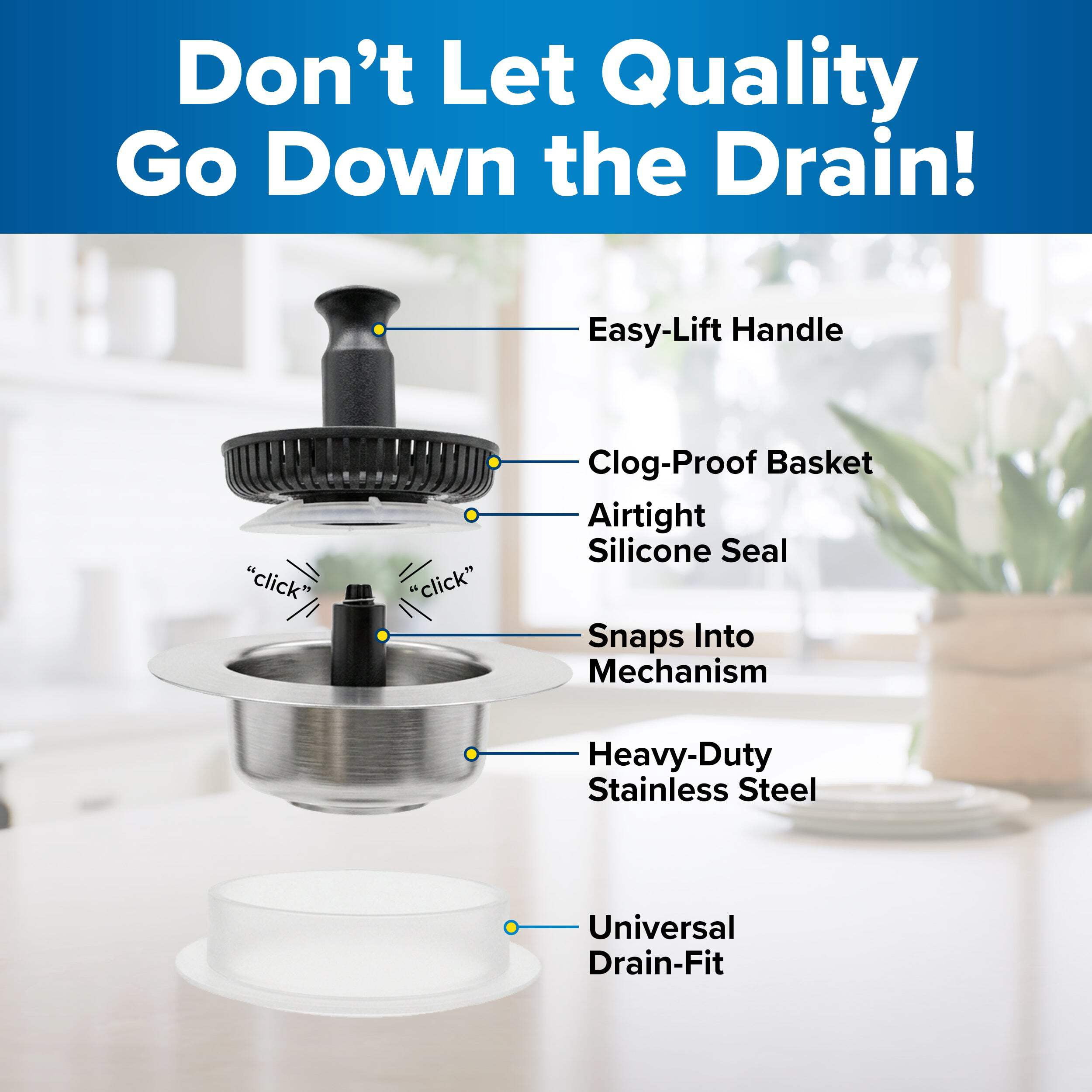 Drain Hero™ 3-in-1 Kitchen Sink Strainer, Stopper  Basket – Stainless Steel, Anti-Clog, Dishwasher Safe