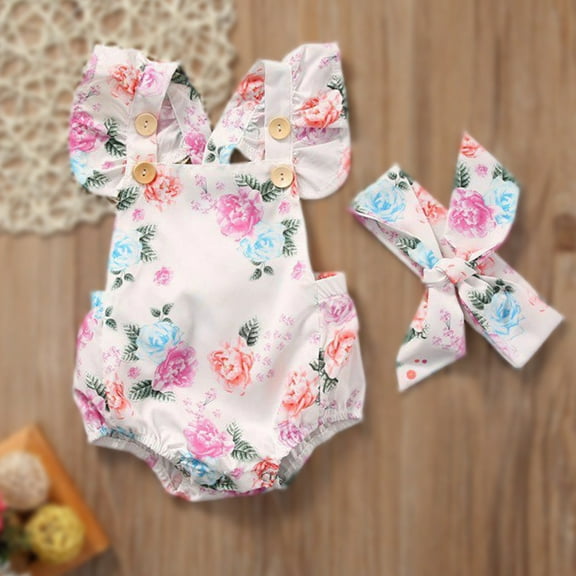 Gyratedream Baby Girls Flutter Sleeve Romper Bodysuit Summer Floral Outfits Match Headband for 0-24 Months Kids