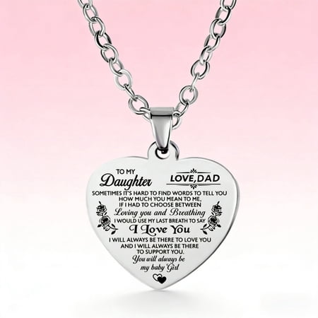 From Dad to Daughter Heart Pendant Necklace ，Meaningful Birthday & Graduation Gift for Her（Silver）