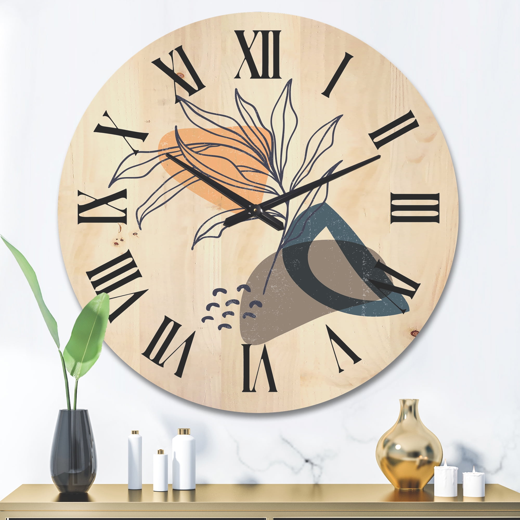 Designart 'Minimalist Shapes With Ancient Plant I' Modern Wood Wall Clock