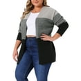 thumbnail image 4 of Agnes Orinda Women's Plus Size Open Front Cardigan Striped Color Block Side Split Long Sleeve Knit Sweaters Casual Outwear Coat 1X Black Grey, 4 of 5