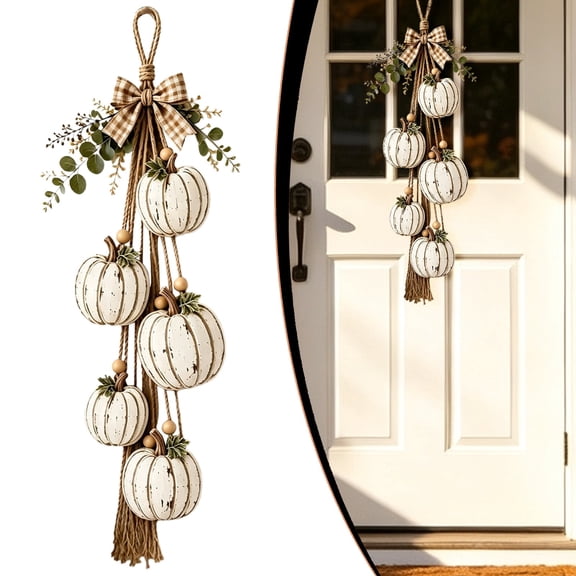 Rustic Wooden Pumpkin Door Hanging, 21.7''Rustic White Pumpkin Hanging Swag, Fall Decor Gift, Farmhouse Porch Front Door Decoration Home(White)