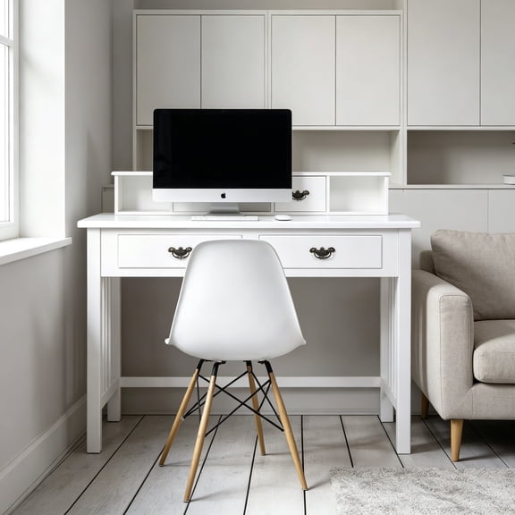 Writing Desk with 4 Drawers Solid Pine Wood Legs, Makeup Vanity Dressing 2-Tier Hutch, Removable Floating Organizer Console Table, Home Office Computer Spacious Work Station, White