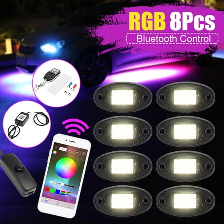 8 Packs LED Rock Light Car Atmosphere Light Under Body Lamp Bulb Wireless bluetooth APP Control Waterproof Colorful RGB For Off-road Truck SUV