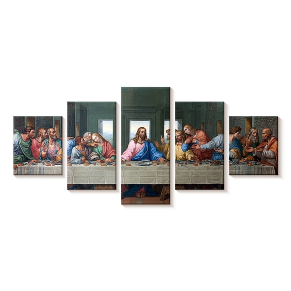 Elephant Stock The Last Supper Wall Art - Horizontal Multi Panel Canvas - Living Room Wall Decor - Religion And Spirituality Multi Panel - Teal And Green Decor By Leonardo Da Vinci - 29" x 12"