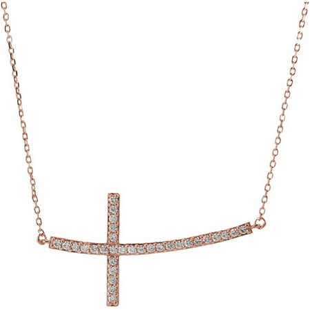 Brinley Co. CZ Sideways Curved Cross Pendant, 16 with 1 Extender