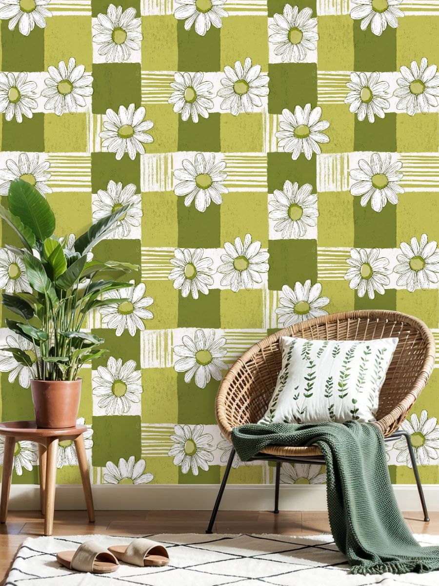 Sage Green Peel and Stick Wallpaper Green White Daisy Floral Stripes Squares Wall Mural 23.6in x 9.8ft Self Adhesive Removable Wall Paper Renter Friendly Wallpaper for Girls Bedroom
