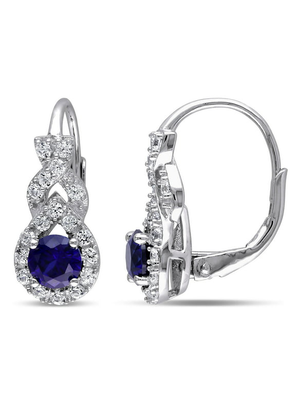 Miabella Women's 1-7/8 Carat T.G.W. Created Blue Sapphire and Created White Sapphire Sterling Silver Halo Leverback Earrings