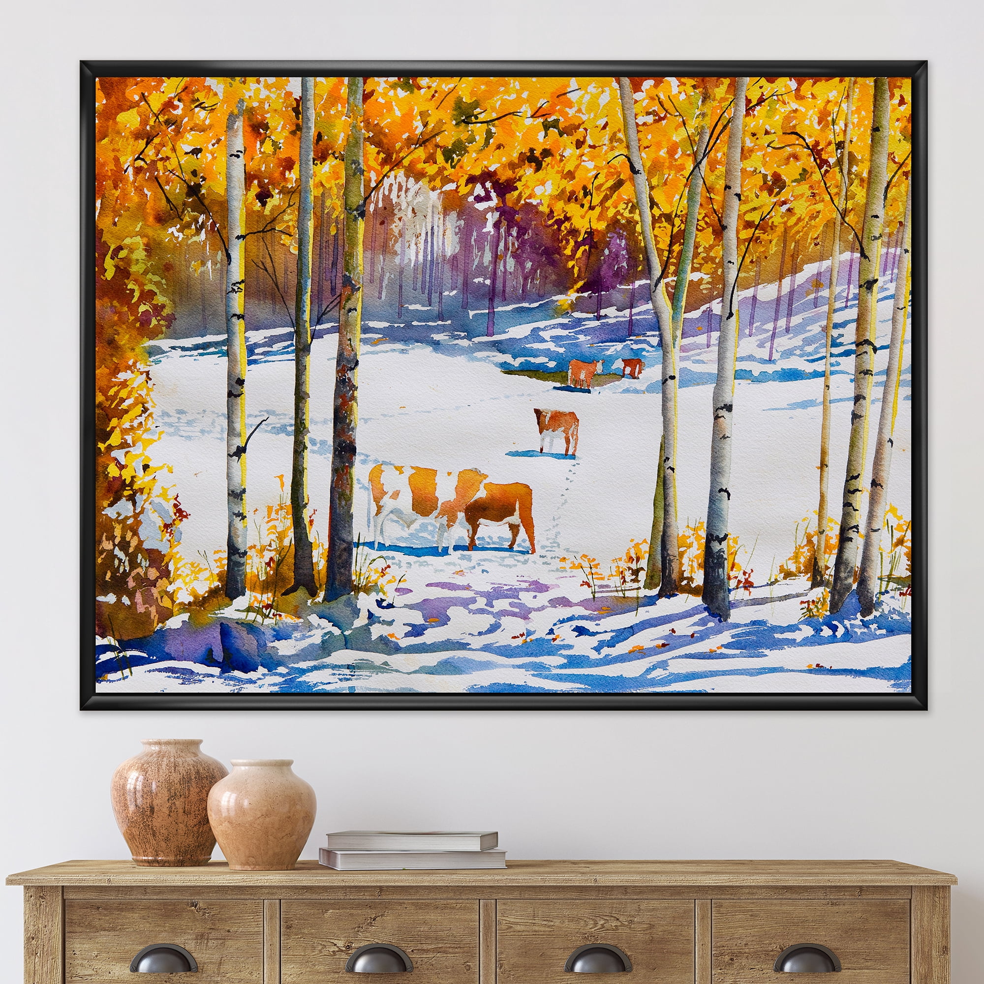 Designart 'Cattles In The Early Snow In The Tree Forest' Farmhouse Framed Canvas Wall Art Print
