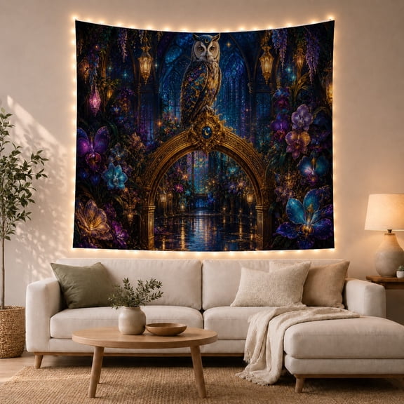 Owl on Golden Archway with Flowers, Mystical Fantasy for Nature Lovers, Enchanted Forest Wall Art, Birthday Gift Tapestry Wall Hanging for Bedroom and Living Room