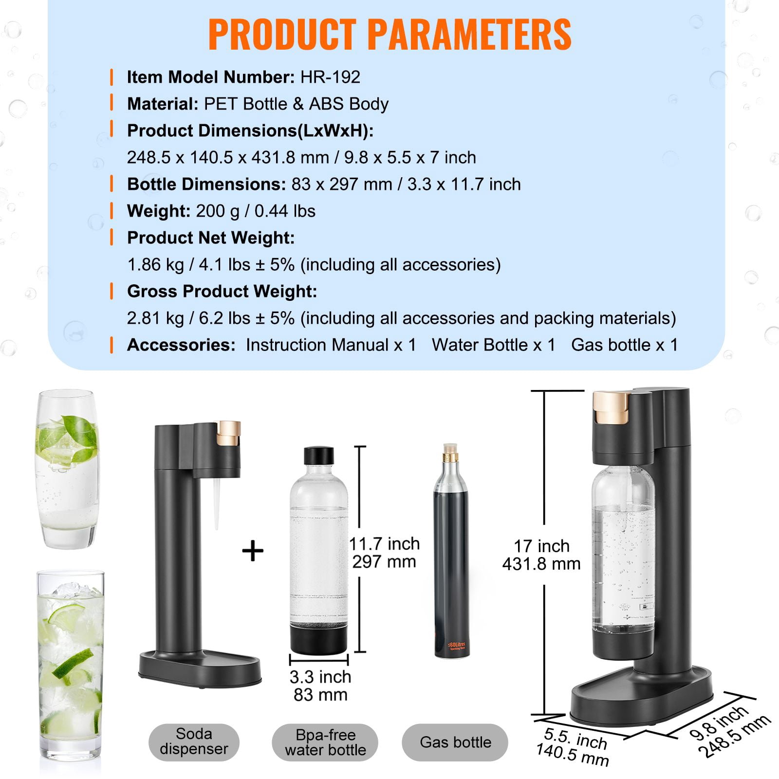 Sparkling Water Maker Soda Maker, 1L PET Bottle, 60L CO2 Cylinder Compatible, 3-Second Carbonation, Automatic Pressure Release, for Homemade Soda Water, Juice & Cocktails