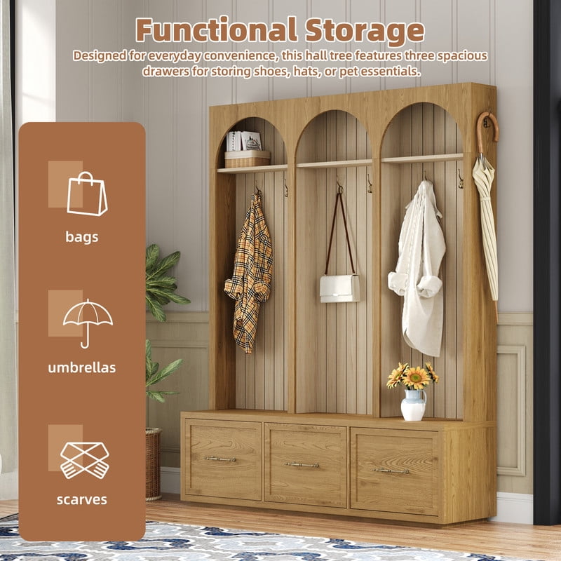 Farmhouse Arched Design Hall Tree with Retro Hooks, Entryway Seating Bench with 3 Storage Drawers, Elegant Coat Rack for Living Room