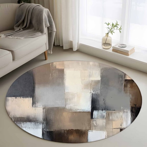Round Rugs 4Ft, Grey Brown Abstract Round Area Rug Washable Indoor Throw Carpet, Oil Painting Color Blocks Soft Non Slip Circle Rug for Kitchen Nursery Room Home Decor Aesthetic