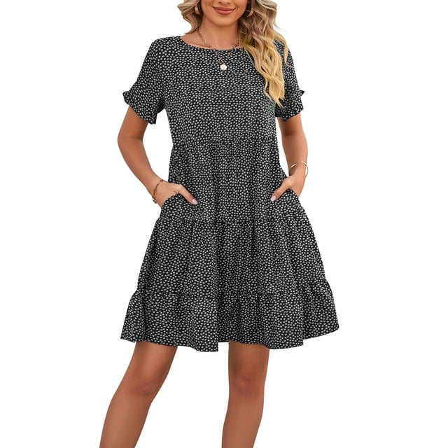 Lucakuins - Mini vestido de verano para mujer, informal, de manga corta, con estampado floral, vestido suelto con vuelo Lucakuins moda