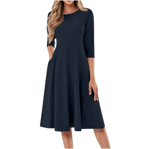 Summer Beach Dresses for Womens 2025 Plus Size Fashion Casual Pleated-cent Sleeve Round-Neck Solid Dress