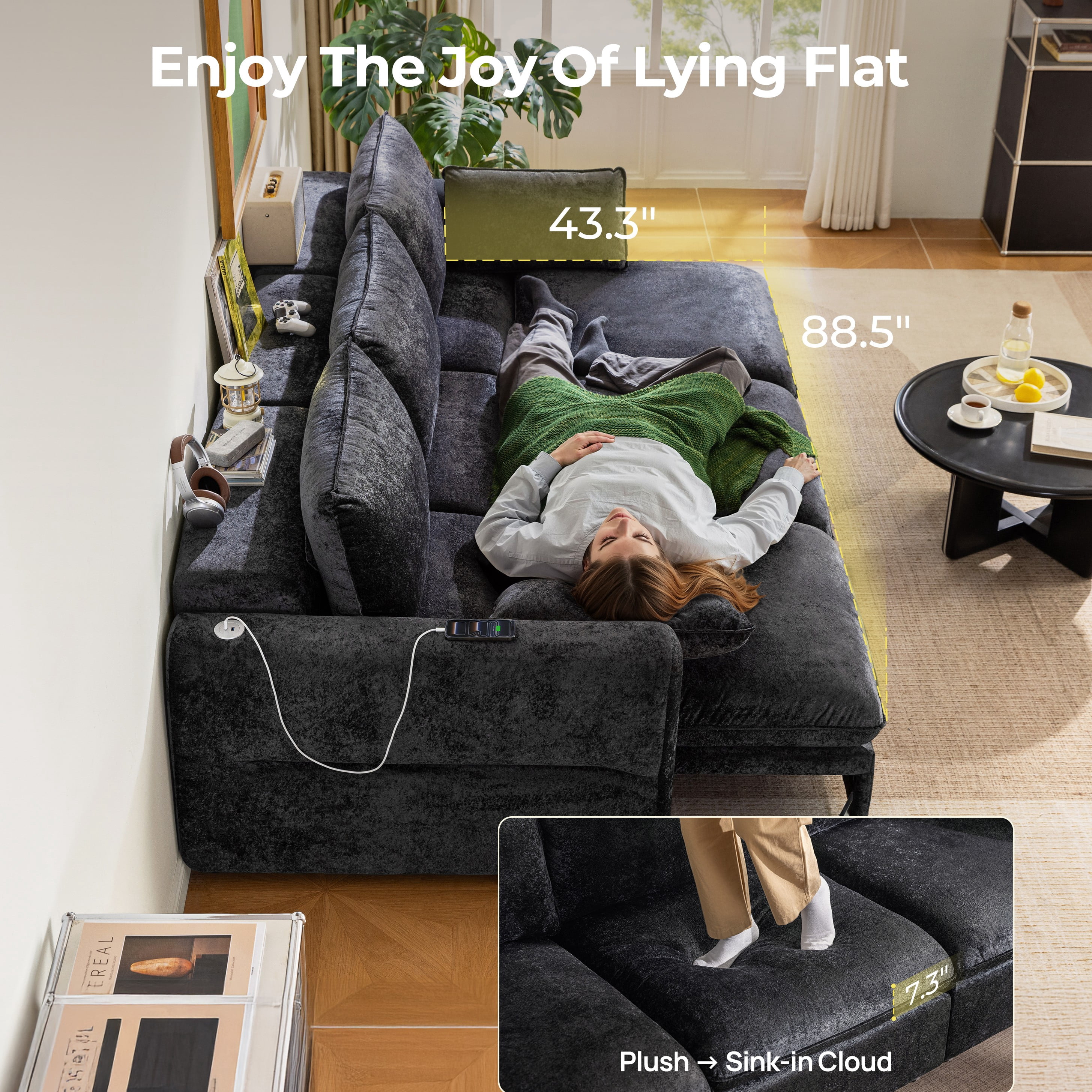 CHIC HOUSE 104" Electric Extendable Sofa Bed with Triple Motor, Convertible Smart Power Reclining Sleeper Sofa Deep Seat 3-Seat Couch with Solid Wood Frame in Velvet, Black