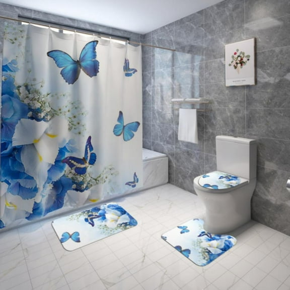 4PCS Bathroom Rugs Set Shower Curtain Bath Mat Toilet Lid Cover,Rose flower butterfly printing