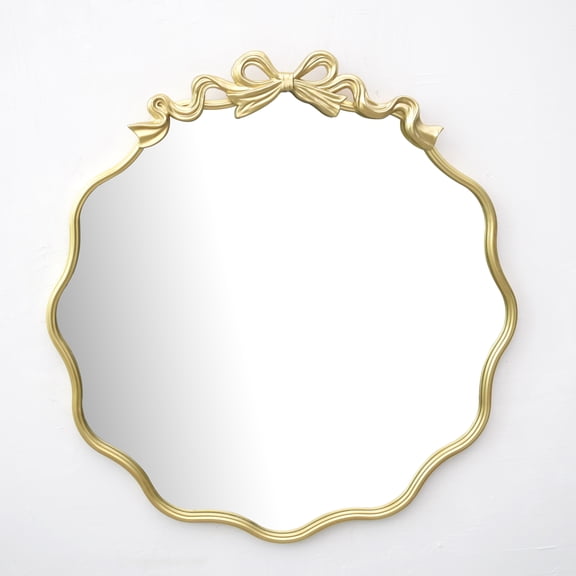 25.75“Decorative Gold Bow Metal Wall Mirror - Wavy Edge Vintage Accent Mirror for Bedroom, Bathroom & Entryway