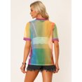 thumbnail image 4 of Camiseta transparente de manga corta con cuello redondo y contraste de malla transparente para mujer arcoíris S, 4 of 5