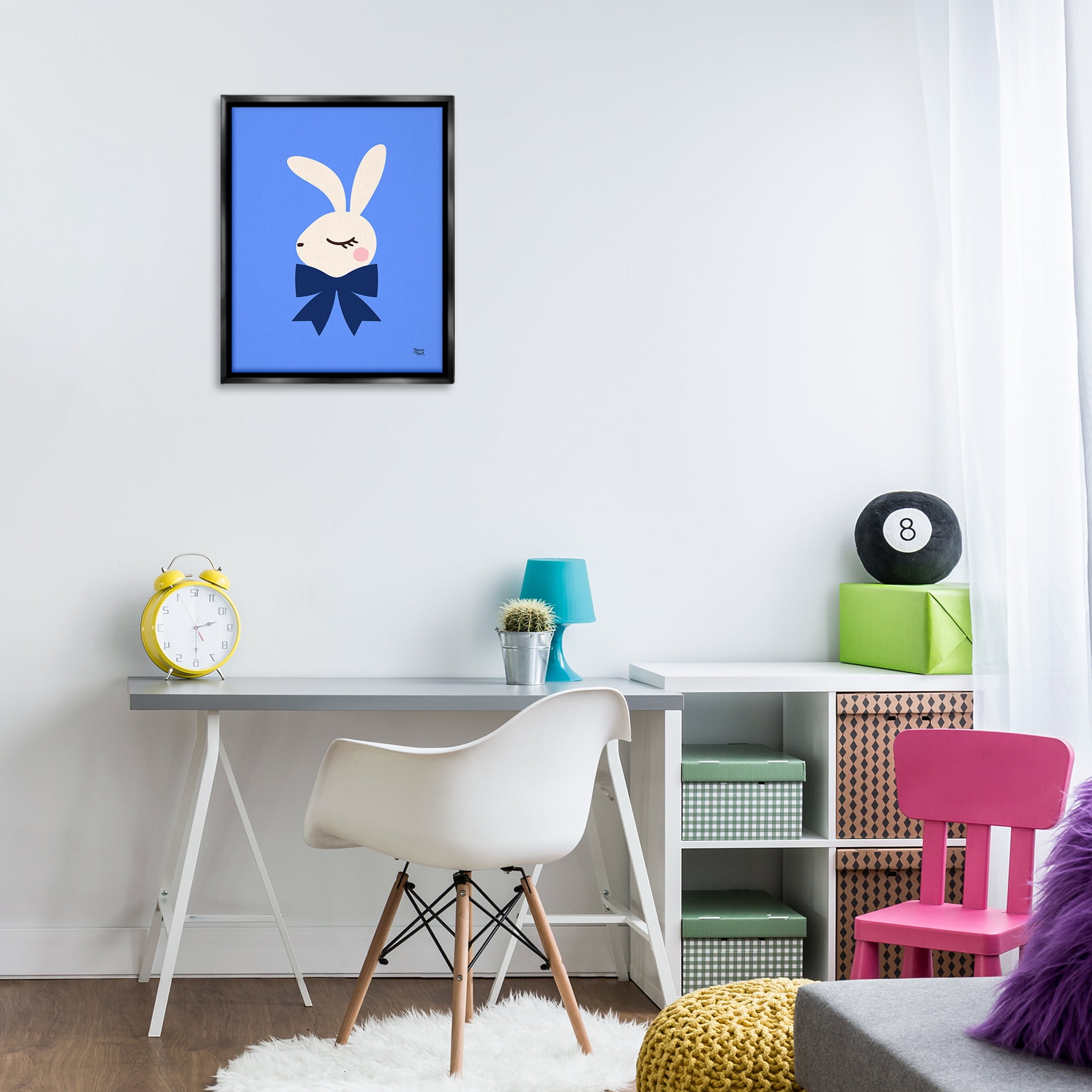 Stupell Industries Rabbit with Ribbon on Blue Animals Painting Black Floater Framed Canvas Art Print Wall Art, 17 x 21