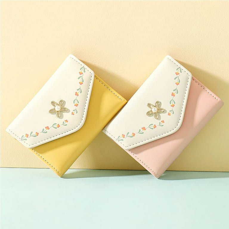 Girls Flower Print Wallet Small Aesthetic Tri-Fold Purse PU Leather Cash  Pocket ID Window Card Holder for Women/Yellow