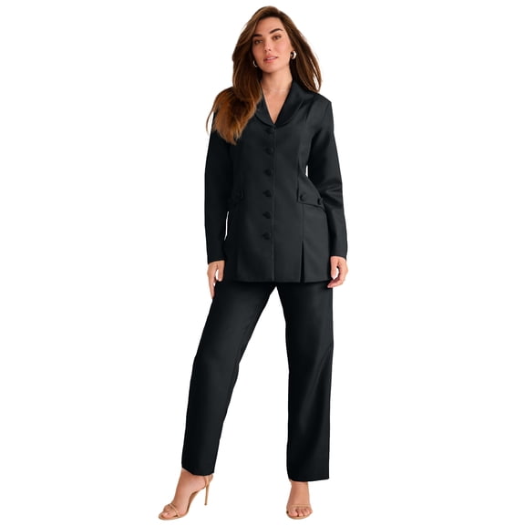 Roaman's Women's Plus Size Petite Plus Size Long Sleeve Ten-Button Shawl-Collar Pant Suit – 2-Piece Pant Set