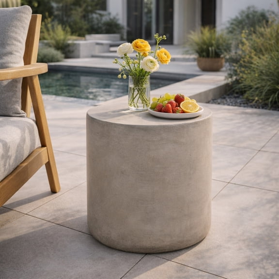 Concrete Outdoor Side Table, Cylindrical MGO End Table 15.75×15.75×16 Inch, Pre-Assembled Weather Resistant Patio Accent Table for Backyard Poolside- Light Gray