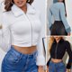 thumbnail image 3 of Moda mujer Crop Tops acanalado de punto con cremallera cuello de piel sintética manga larga bombarde Abanopi Blanco/Medio, 3 of 7
