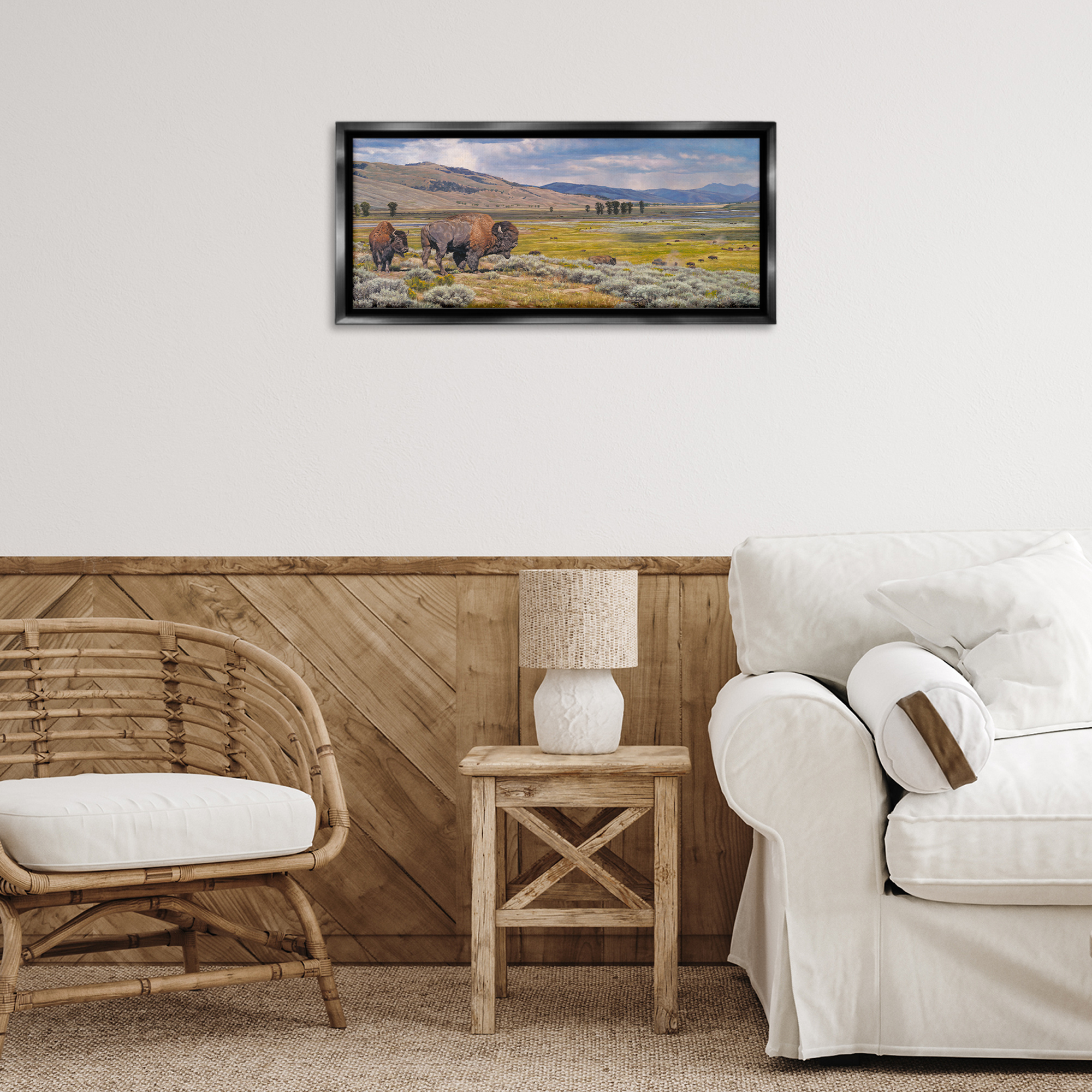 Stupell Industries Roaming Southwestern Bison Landscape Painting Black Floater Framed Art Print Wall Art, 25 x 11