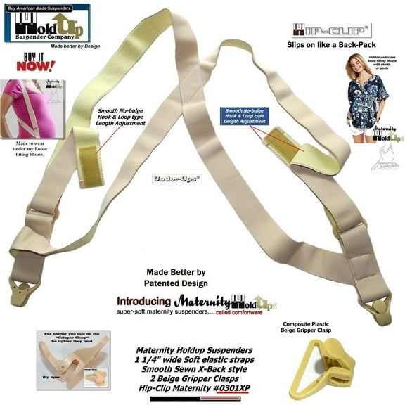 HoldUp Brand Maternity Suspenders with beige Super Strong Patented Gripper clasps