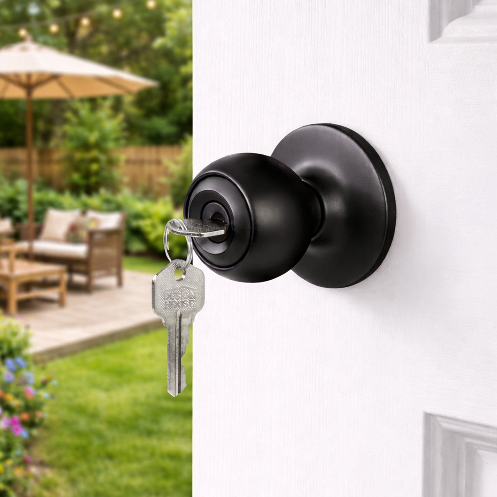 Matte Black Ball Keyed Entry Door Knob, Front and Back Door Lock with Anti-Bump 5-Pin Cylinder, Adjustable Backset
