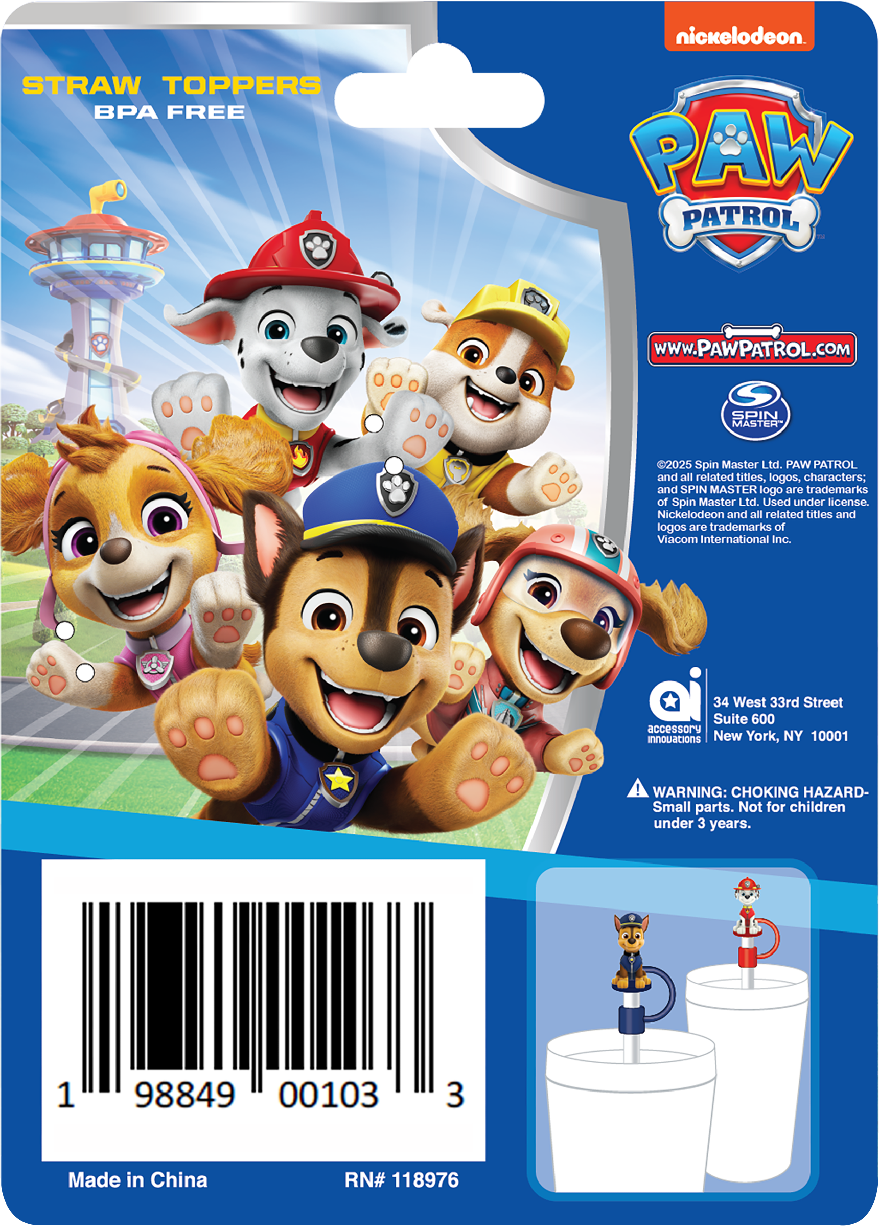 Paw Patrol licensed Straw Topper