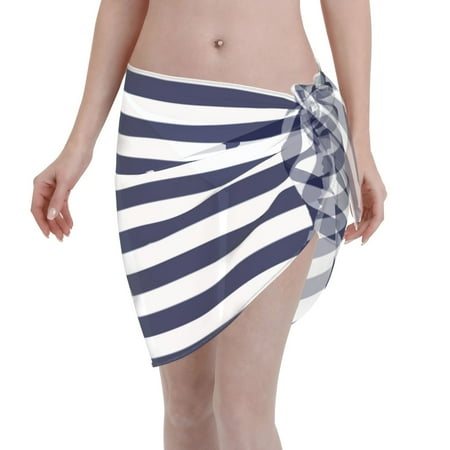 Adobk Women Beach Sarong Bathing Suit Navy Blue And White Stripes Print Wrap Skirt Sheer Bikini Swimsuit Cover Ups For Swimwear