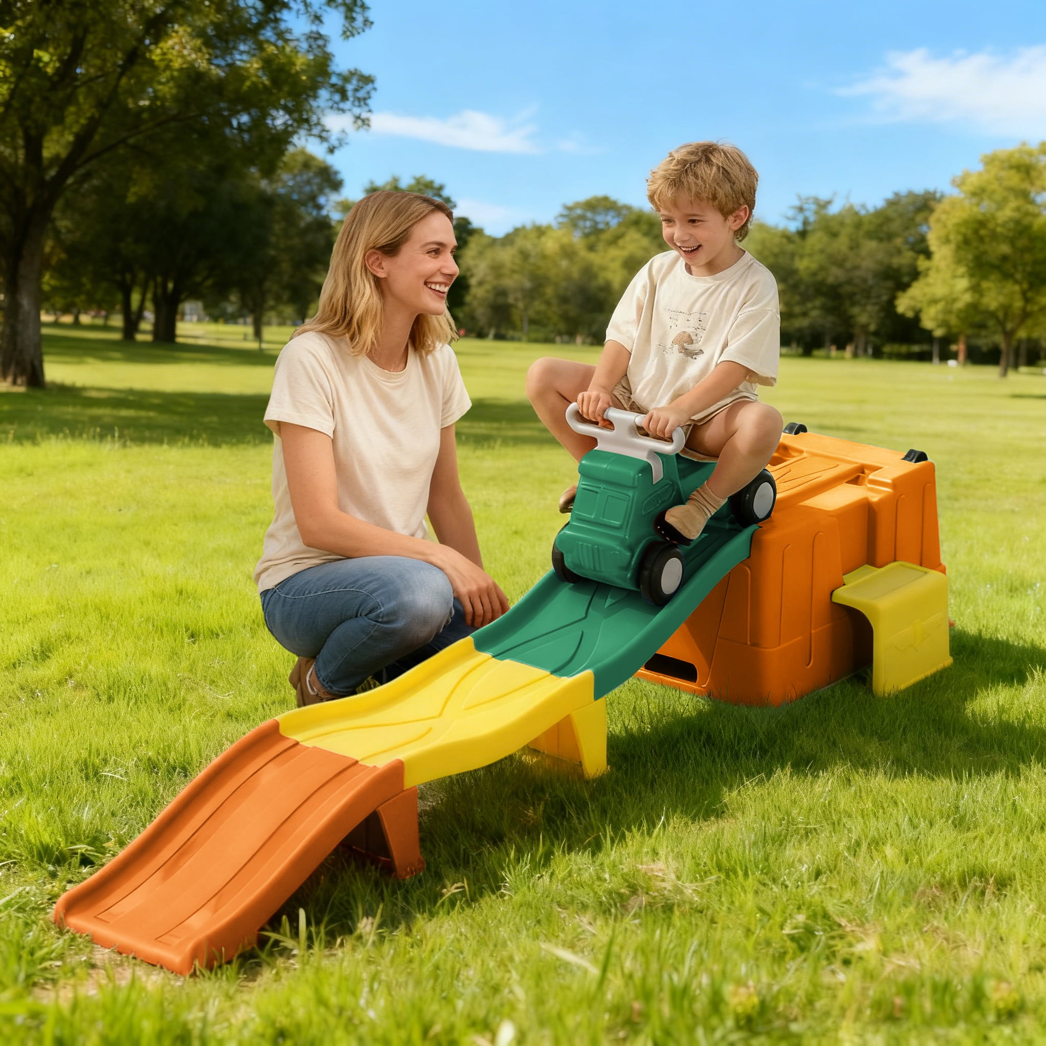 Up & Down Roller Coaster，Kids Ride On Toy，Toddler Push Car with Assembled Race Track & Storage Base Box, Indoor Outdoor Playset