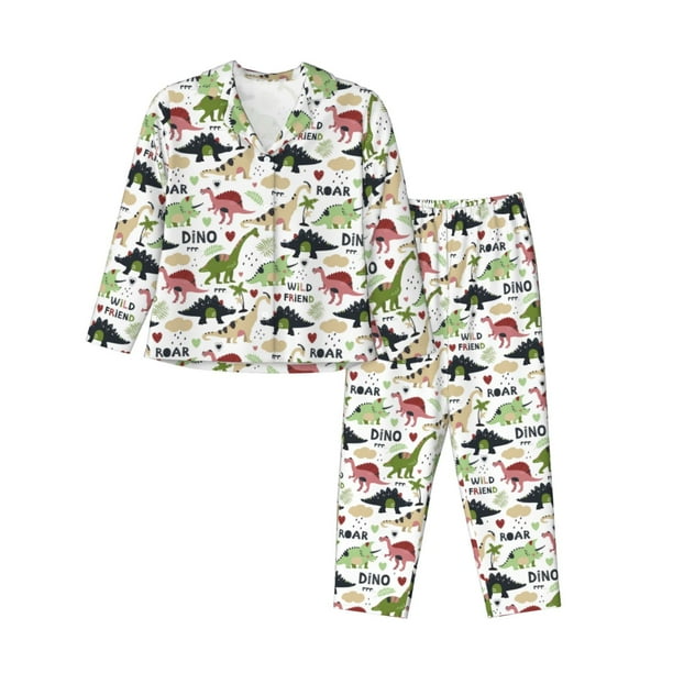 Balery Dinosaur Conjunto de Pijama con Estampado para Mujer, Conjunto de Dos Piezas con Manga Larga, Ropa de Dormir Suave con Bolsillos, Pijamas Cómodos-Large