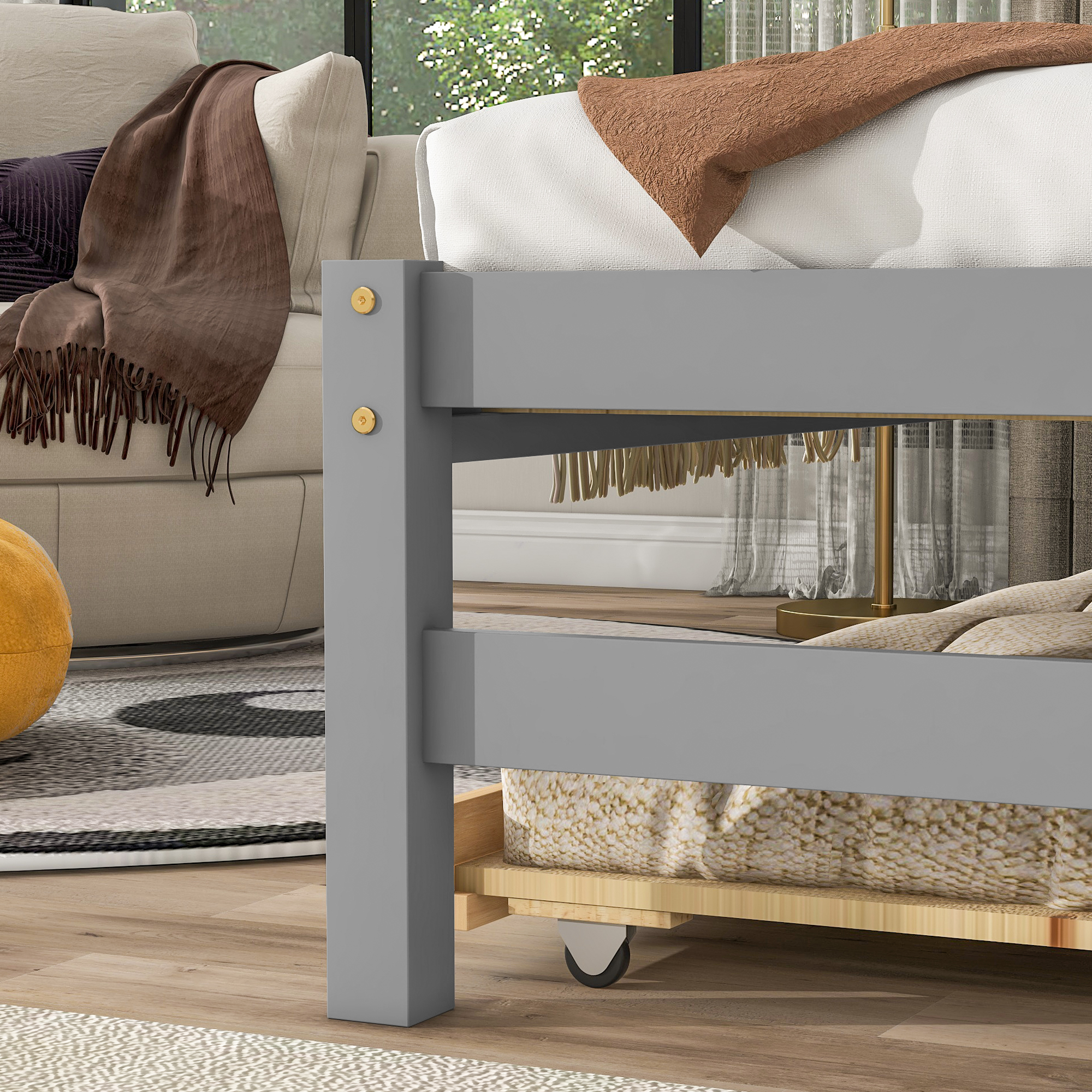 Euroco Wood Twin Size Platform Bed with Trundle and House Shelf for Kids, Grey